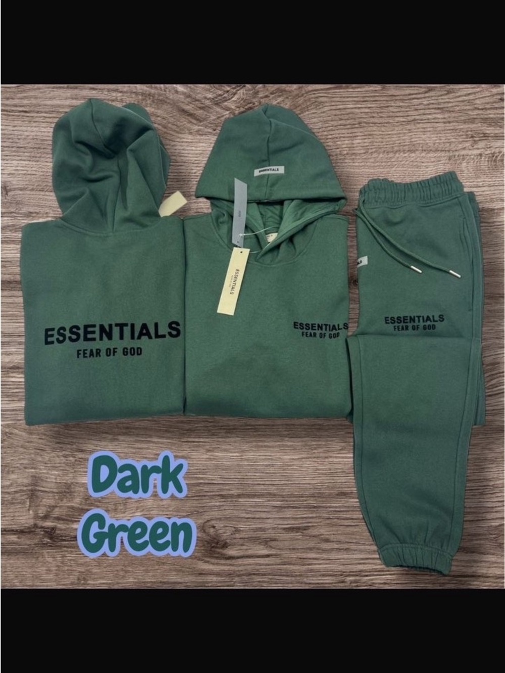 green fear of god essentials tracksuit set